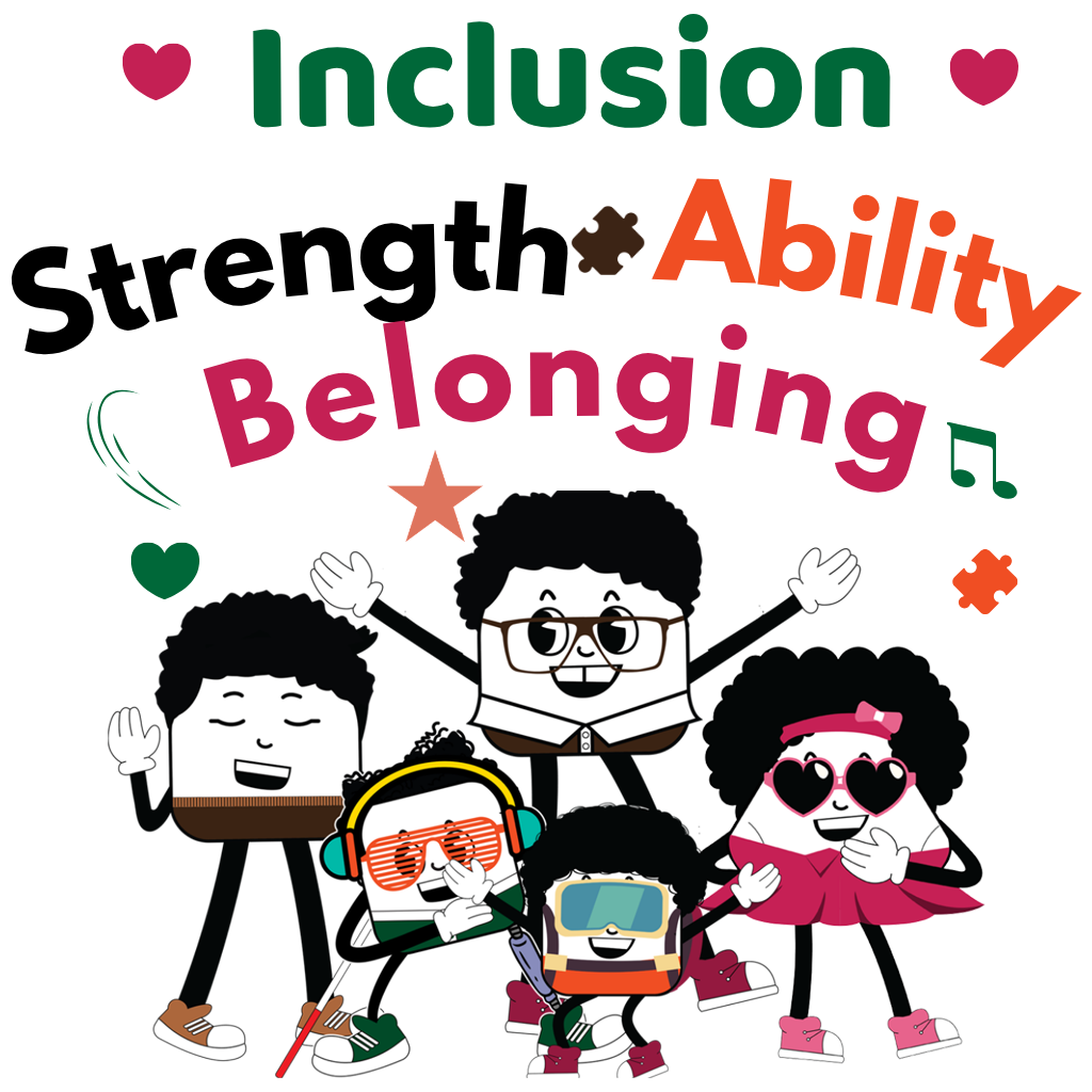 Perfect Creation disability awareness illustration featuring Beanpole Bert, Melodic Mike, Groovy George, Petite Paul, and Sassy Sue celebrating inclusion, diversity, and embracing uniqueness.