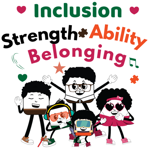 Perfect Creation disability awareness illustration featuring Beanpole Bert, Melodic Mike, Groovy George, Petite Paul, and Sassy Sue celebrating inclusion, diversity, and embracing uniqueness.