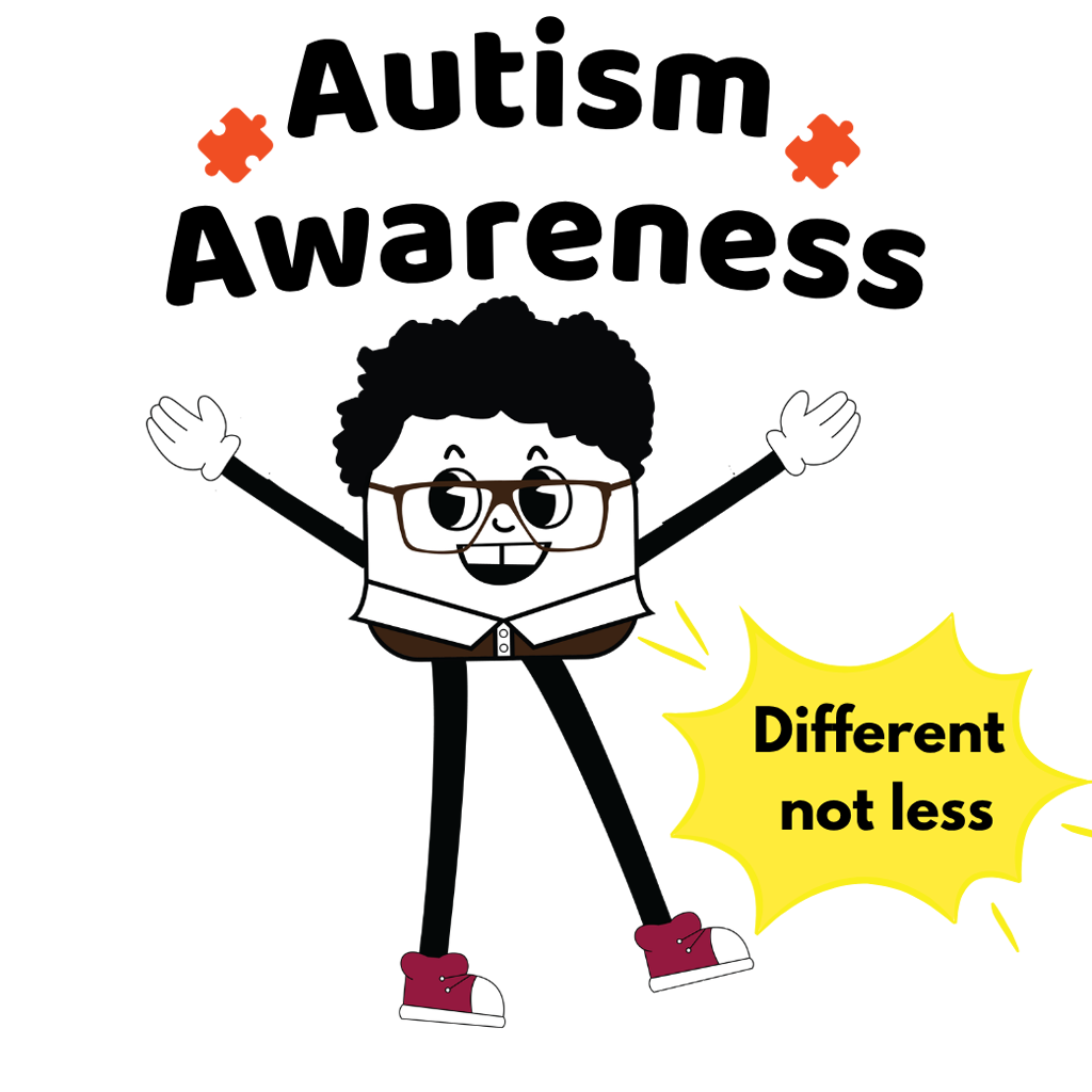 Perfect Creation Beanpole Bert Autism Awareness illustration featuring the message "Different not less," celebrating autism acceptance, neurodiversity, and embracing uniqueness.