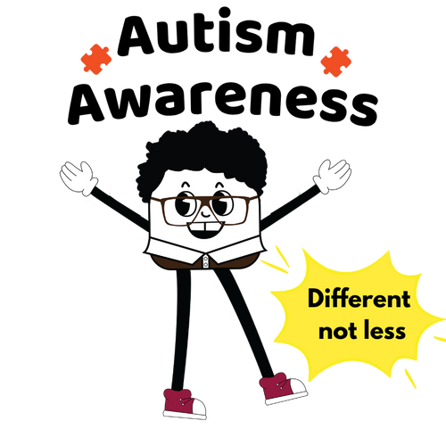Perfect Creation Beanpole Bert Autism Awareness illustration featuring the message "Different not less," celebrating autism acceptance, neurodiversity, and embracing uniqueness.