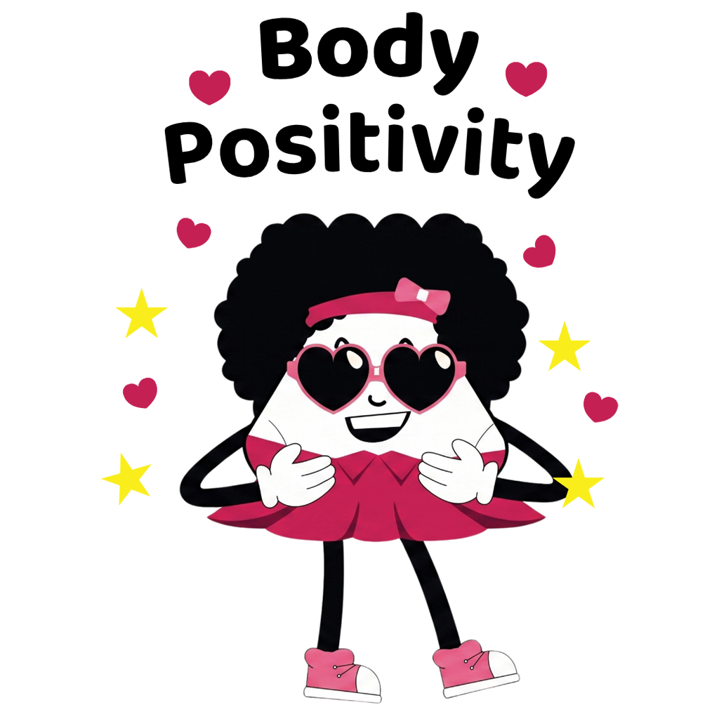 Perfect Creation Sassy Sue Body Positivity illustration featuring Sassy Sue beneath the words "Body Positivity," celebrating confidence, self-love, inclusion, and embracing uniqueness.