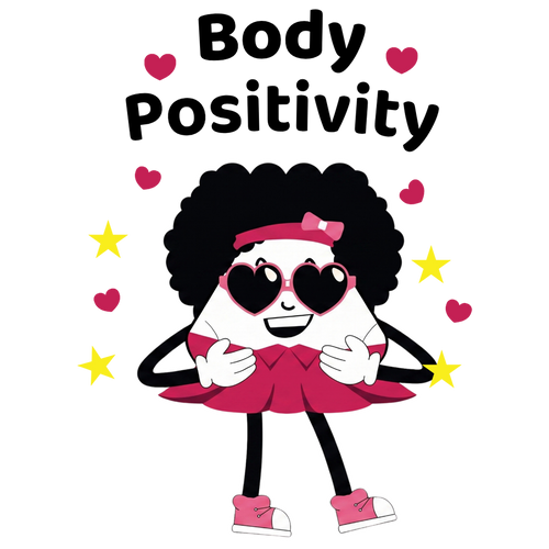 Perfect Creation Sassy Sue Body Positivity illustration featuring Sassy Sue beneath the words "Body Positivity," celebrating confidence, self-love, inclusion, and embracing uniqueness.