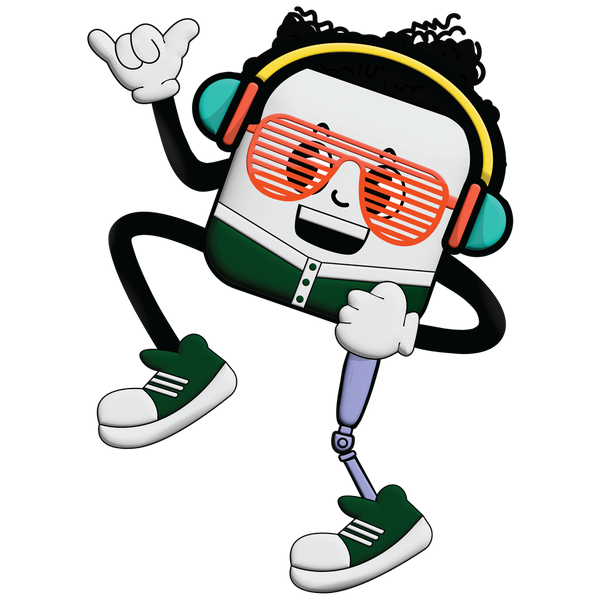 Groovy George character wearing headphones and novelty glasses, smiling and making a hand gesture, with a prosthetic leg, celebrating resilience, confidence and embracing uniqueness