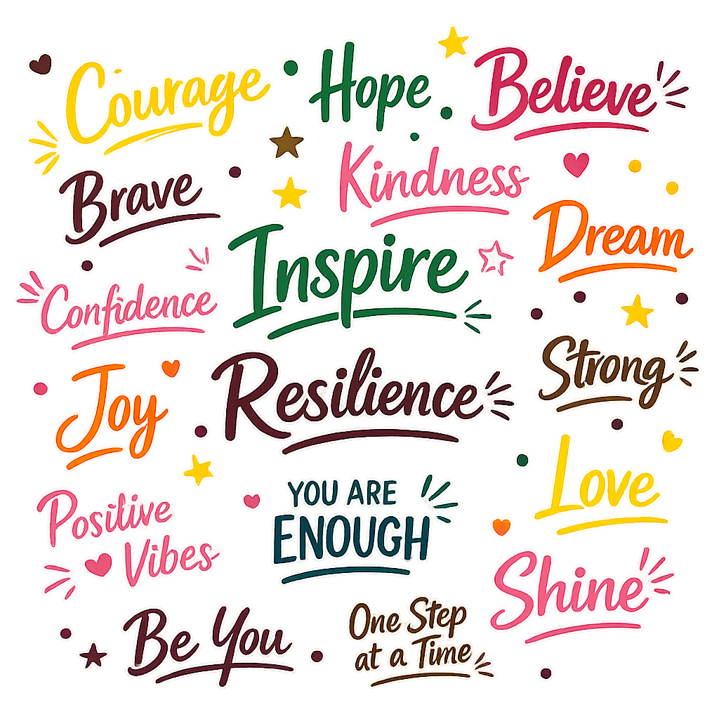 Colourful inspirational typography featuring positive words including Courage, Hope, Believe, Inspire, Kindness, Dream, Resilience, Strong, Love, Shine, Be You and You Are Enough to encourage confidence, resilience and embracing your uniqueness