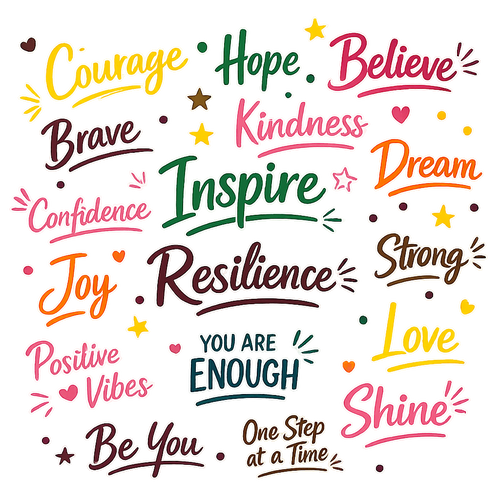 Colourful inspirational typography featuring positive words including Courage, Hope, Believe, Inspire, Kindness, Dream, Resilience, Strong, Love, Shine, Be You and You Are Enough to encourage confidence, resilience and embracing your uniqueness
