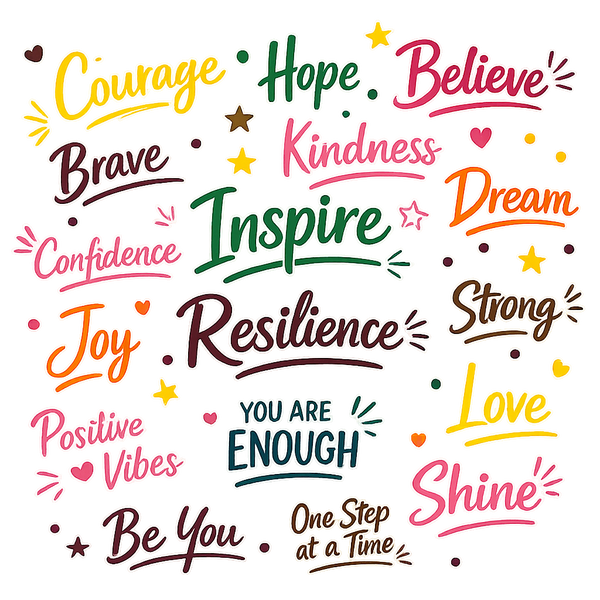Colourful inspirational typography featuring positive words including Courage, Hope, Believe, Inspire, Kindness, Dream, Resilience, Strong, Love, Shine, Be You and You Are Enough to encourage confidence, resilience and embracing your uniqueness