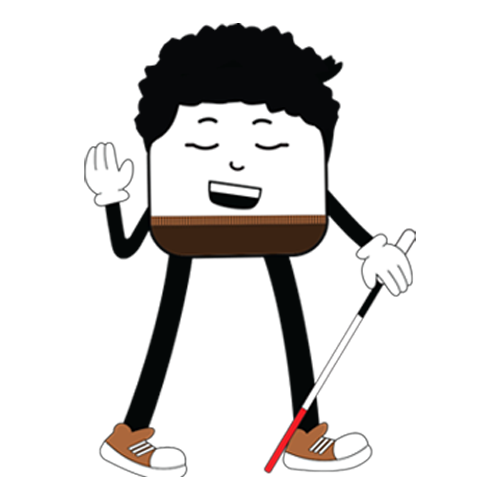 Melodic Mike cartoon character smiling and waving while holding a white mobility cane, promoting inclusion, ability, and embracing uniqueness.