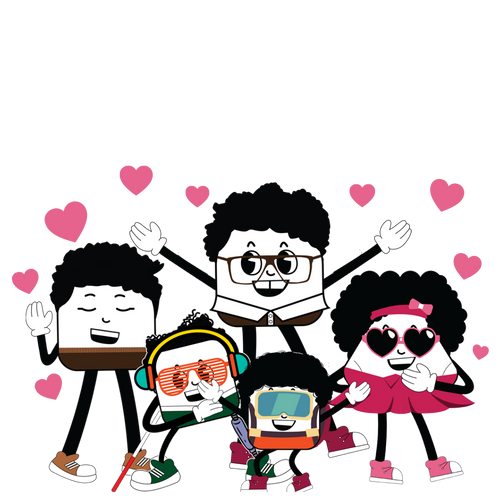 Beanpole Bert, Groovy George, Melodic Mike, Petite Paul and Sassy Sue standing together with pink hearts, representing the Perfect Creation family and celebrating inclusion, friendship and embracing uniqueness.